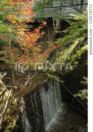 A waterfall in the autumn forest / Autumn leaves and a waterfall (artificial waterfall) A waterfall in the autumn forest / Autumn leaves and a waterfall (artificial waterfall) 119218353