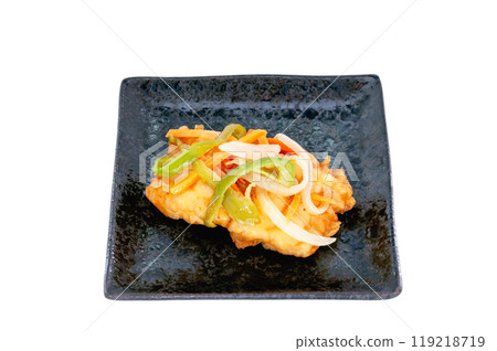 White fish with nanban sauce served on a plate [White background, cutout] 119218719