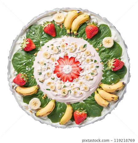 Smoothie fruits mandala a circular pattern of bananas strawberries and spinach leaves with ice cubes 119218769