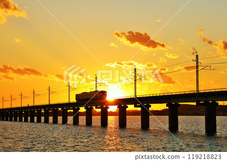 Ibaraki Prefecture, Kitaura Bridge and train at dusk 119218823