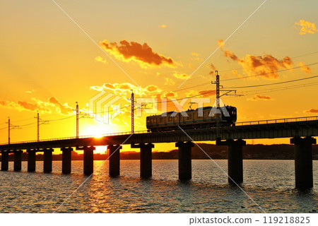 Ibaraki Prefecture, Kitaura Bridge and train at dusk 119218825