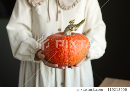 Person in Vintage Dress Holding Bright Orange Pumpkin 119218906