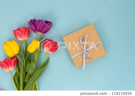Colorful Tulips with Envelope on Blue Background 119218956