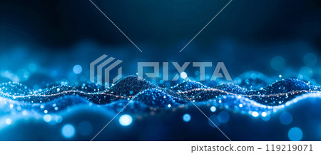 digital wave pattern with sparkling points, colorful abstract data flow representation, dynamic cyberspace landscape, futuristic technology background in blue tones 119219071