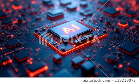 Artificial intelligence processor glowing on circuit board, high-tech semiconductor microchip, modern computing hardware, AI technology development symbol, intricate electronic components 119219072