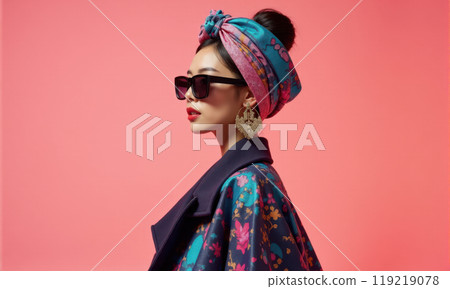 Asian woman in floral kimono and turban showcases fashion collection on pink background. Stylish model presents new clothing line with elegance and grace Asian woman in floral kimono and turban showcases fashion collection on pink background. Stylish model presents new clothing line with elegance and grace 119219078