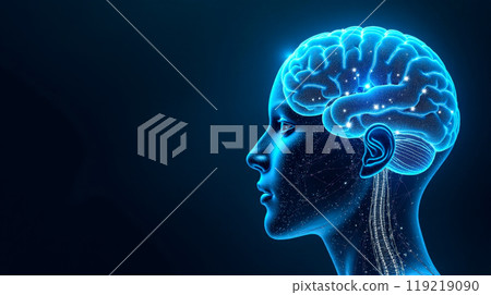 Human Brain Activity, Side Profile with Neural Network Visualization, Dark Blue Backdrop, Abstract Geometric Element Covering Face and Mind, Futuristic Neuroscience 119219090