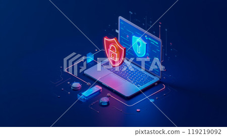 Cybersecurity Data Protection Concept Laptop Shield Icon Digital Safety Network Secure Access Control Privacy Firewall Software Hardware Encryption Technology System Defense 119219092