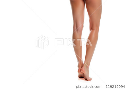 Slim Female Legs Skincare Routine Elegant Beauty Care Smooth Skin Wellness Healthy Lifestyle Body Pampering Toned Shapely Calves Barefoot Graceful Standing 119219094