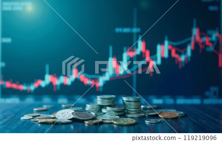 Stacked coins in focus with scattered currency on table against blurred stock market chart background showing investment growth and financial trading analysis Stacked coins in focus with scattered currency on table against blurred stock market chart background showing investment growth and financial trading analysis 119219096