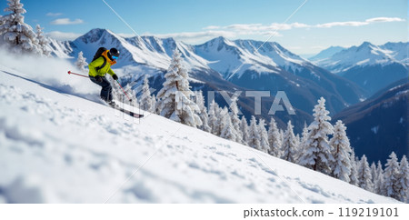 Active skier descending snowy slope at mountain resort, enjoying winter sports, pine trees in background, fresh snow, alpine scenery, cold weather, skiing gear, dynamic motion, winter vacation Active skier descending snowy slope at mountain resort, enjoying winter sports, pine trees in background, fresh snow, alpine scenery, cold weather, skiing gear, dynamic motion, winter vacation 119219101