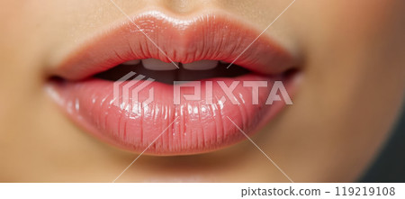 Luscious Red Lips Close-up Beauty Shot Perfect Pout Cosmetic Advertisement Lipstick Application Glossy Finish Makeup. Female Attraction Seductive Mouth Fashionable Beauty Trend Lip Enhancement 119219108