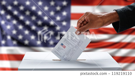 African American Voter Casting Ballot in US Presidential Election, Democracy in Action, Citizen Participation, Patriotic Background with American Flag African American Voter Casting Ballot in US Presidential Election, Democracy in Action, Citizen Participation, Patriotic Background with American Flag 119219110
