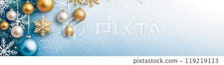 Merry Christmas and Happy New Year banner. Elegant Blue Gradient Holiday Background, Festive New Year Celebration Decorative Banner, Traditional Christmas Ornaments Winter Theme Merry Christmas and Happy New Year banner. Elegant Blue Gradient Holiday Background, Festive New Year Celebration Decorative Banner, Traditional Christmas Ornaments Winter Theme 119219113