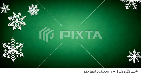 Green gradient background with white snowflakes along edges, suitable for text or design elements, relevant for winter themed designs, holiday decorations, seasonal marketing materials Green gradient background with white snowflakes along edges, suitable for text or design elements, relevant for winter themed designs, holiday decorations, seasonal marketing materials 119219114