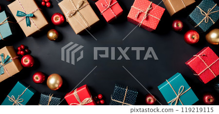 Holiday Composition with Red Boxed Gifts, Natural Pine Decorations, Seasonal Foliage on Dark Backdrop, Christmas Celebration Theme, Elegant Gift Display with Copy Space Holiday Composition with Red Boxed Gifts, Natural Pine Decorations, Seasonal Foliage on Dark Backdrop, Christmas Celebration Theme, Elegant Gift Display with Copy Space 119219115