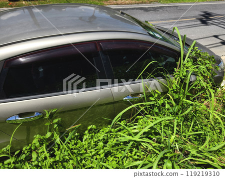 A silver car that has a broken tire and is covered with leaves A silver car that has a broken tire and is covered with leaves 119219310