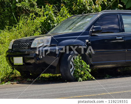 A black car that has a broken tire and is covered with leaves A black car that has a broken tire and is covered with leaves 119219331