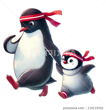 Penguin parents and children running 119219582