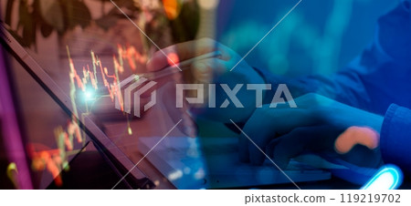 Investment, trade, stock, finance and analysis concept. Business graph charts of financial board display candlestick double exposure Investment, trade, stock, finance and analysis concept. Business graph charts of financial board display candlestick double exposure 119219702
