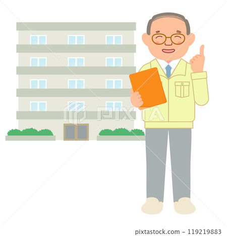 一位經理穿著工作服站在公寓前 119219883