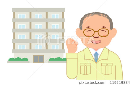 一間公寓裡有一位穿著工作服、正在打拳的老人 119219884