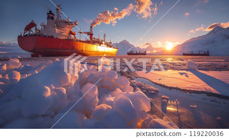 View from below of large icebreaker standing among blocks of ice against the background of snow-covered northern mountain ranges. 119220036