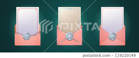 Set of open pink envelopes with blank letters 119220149