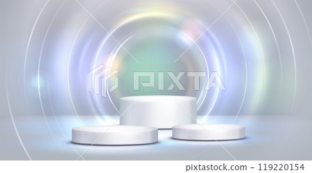 White cylinder podium with light neon circle 119220154