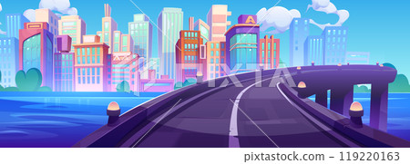 Bridge with road over river leading to modern city 119220163