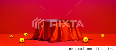 Red reveal cloth podium. Unveil fabric cover box 119220170