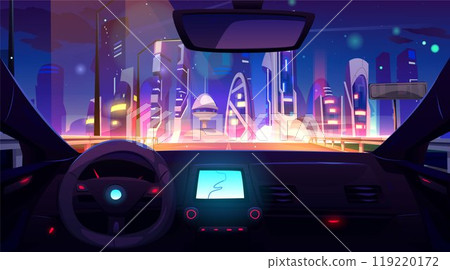 Futuristic cityscape view from inside car Futuristic cityscape view from inside car 119220172