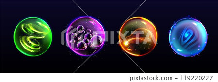 Crystal magic orb. Light glow energy sphere icon 119220227