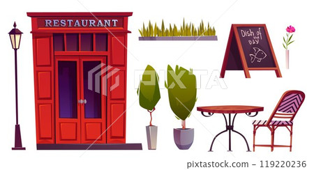 Cartoon restaurant exterior elements set. 119220236