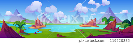 Tropic river and mountain nature background scene 119220283