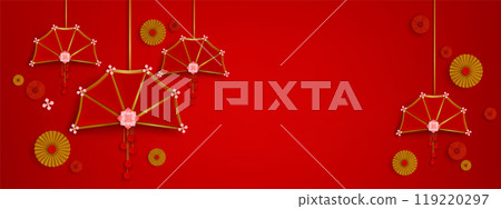 Red Chinese background with paper fan and flowers. Red Chinese background with paper fan and flowers. 119220297