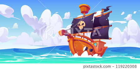 Pirate sail ship in sea background illustration 119220308