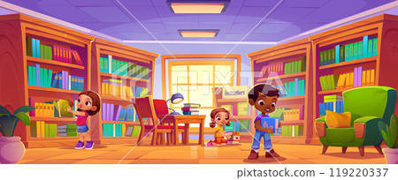 Children read book and study in school library 119220337