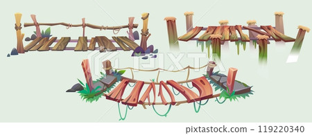 Hanging old bridge with rope, stones and grass Hanging old bridge with rope, stones and grass 119220340