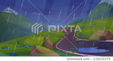 Rainy mountain road scene and water puddle cartoon Rainy mountain road scene and water puddle cartoon 119220374