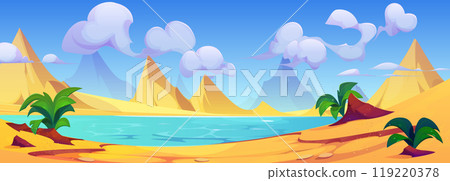 Desert landscape with dunes and lake. 119220378