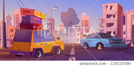 Car with baggage in abandoned ruin city 119220390