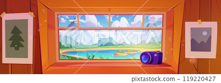 Mountain lake view from chalet window 119220427