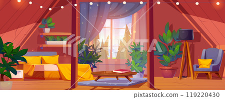 Cozy wooden cabin attic bedroom interior 119220430