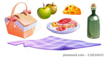 Picnic hamper basket with food, fruit and wine 119220433
