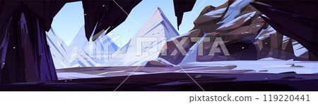 View from cave at snowy mountains 119220441