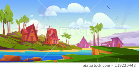 Village or hotel wooden cabins on river shore 119220448