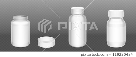 3d white plastic pill bottle. Supplement container 119220484