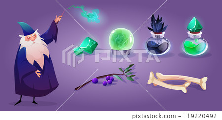 Old wizard and set of magic assets 119220492
