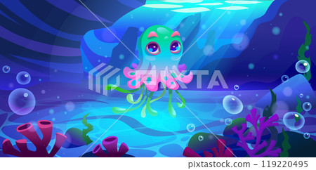 Octopus character swimming in sea water Octopus character swimming in sea water 119220495